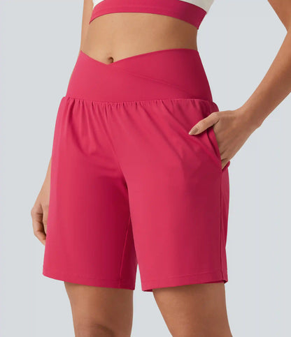 SoftlyZero™ Airy Crossover High Waisted 2-in-1 InstantCool Yoga Shorts 9'' with Pockets