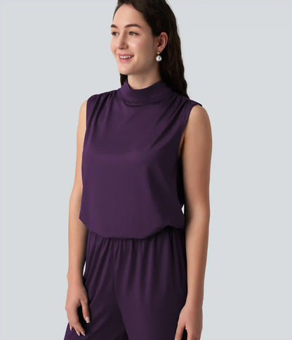 Stand Collar Sleeveless Straight Leg Bridesmaid And Wedding Guest Jumpsuit with Pockets-Easy Peezy