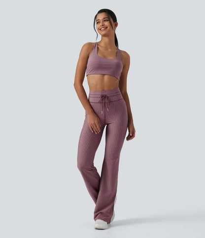 High Waisted Drawstring Stripe Flare Yoga Pants with Pockets
