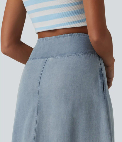High Waisted Invisible Zipper Asymmetric Hem Midi Draped Lyocell Denim Casual Flowy Skirt with Pockets