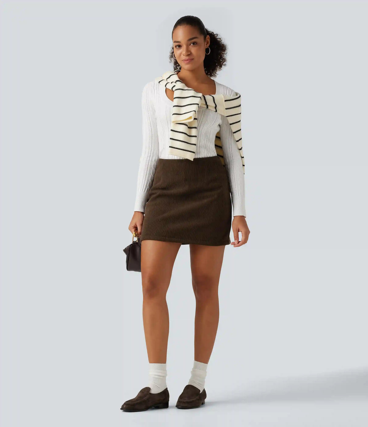 High Waisted A-Line Corduroy Fleece Casual Mini Skirt with Built-in Shorts-Longer Length