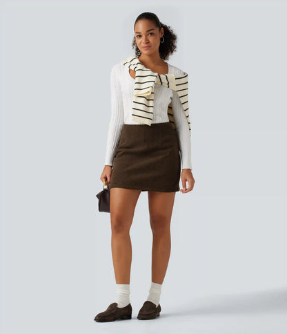 High Waisted A-Line Corduroy Fleece Casual Mini Skirt with Built-in Shorts-Longer Length
