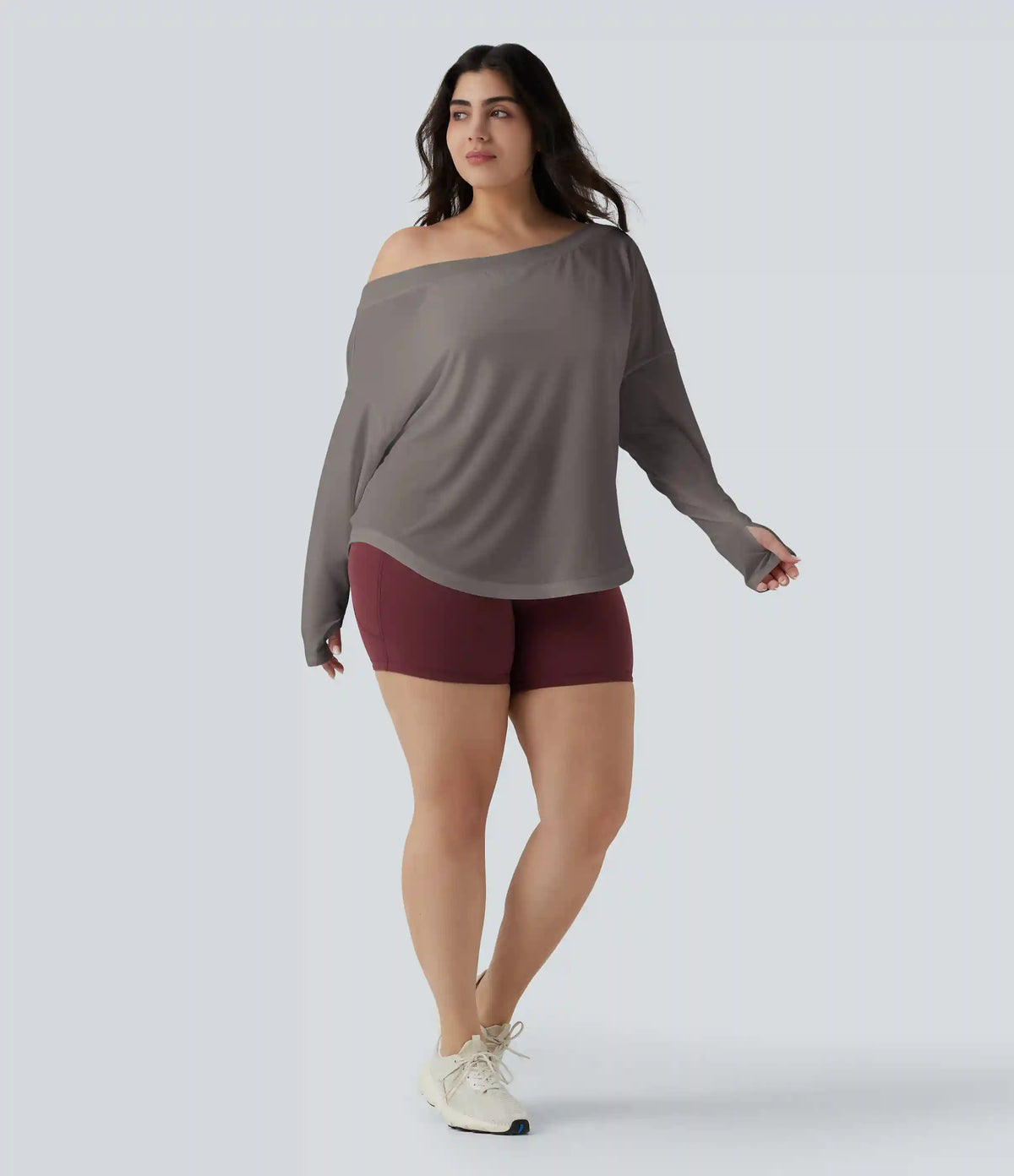 One Shoulder Long Sleeve Thumb Hole Curved Hem High Low Quick Dry Yoga Plus Size Sports Top-Built-in Bra