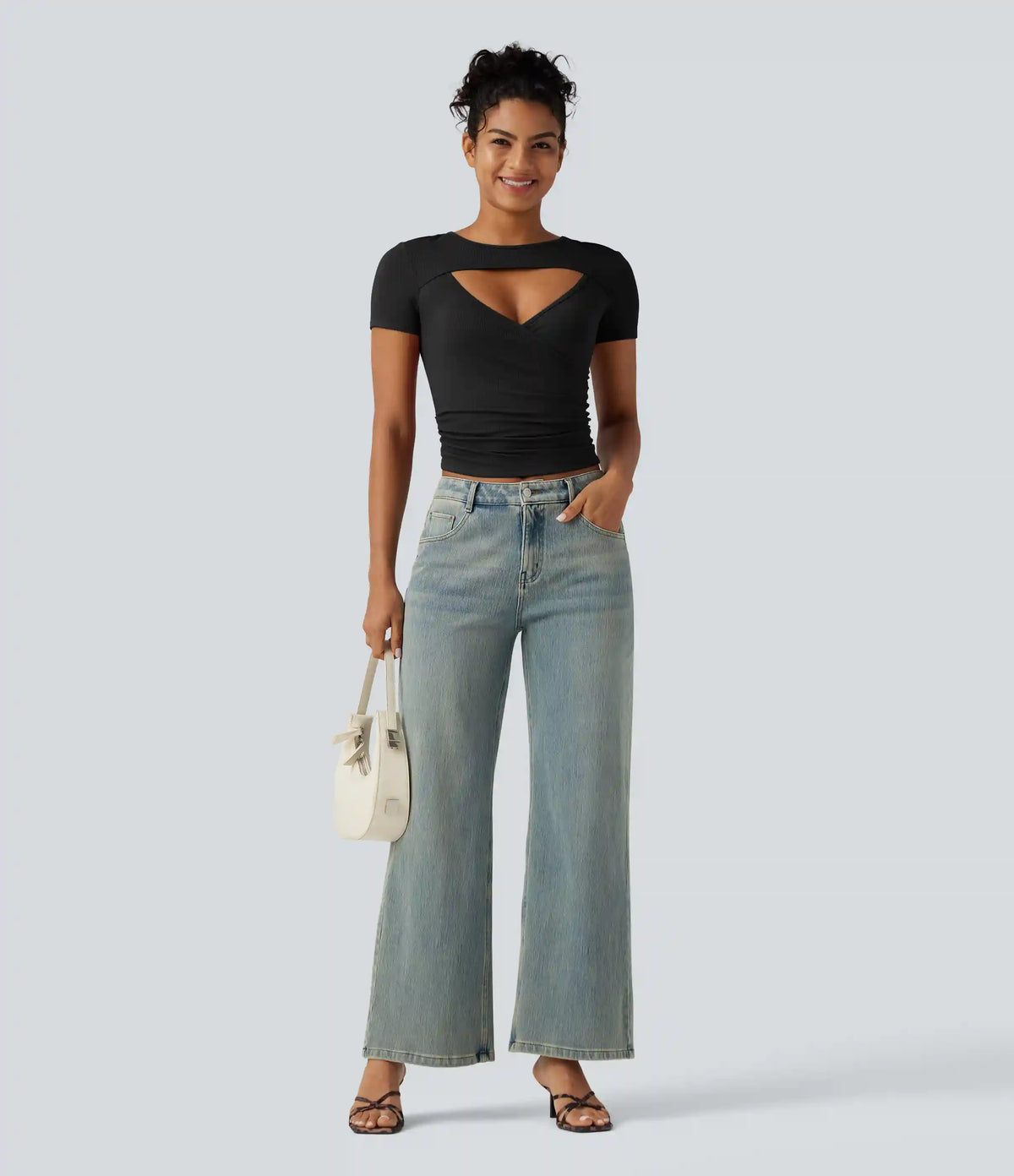 Ribbed Knit Round Neck Cut Out Short Sleeve Ruched Casual T-Shirt