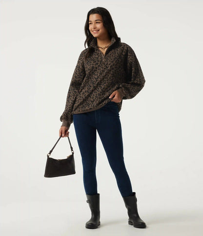 Stand Collar Long Sleeve Leopard Print Casual Top