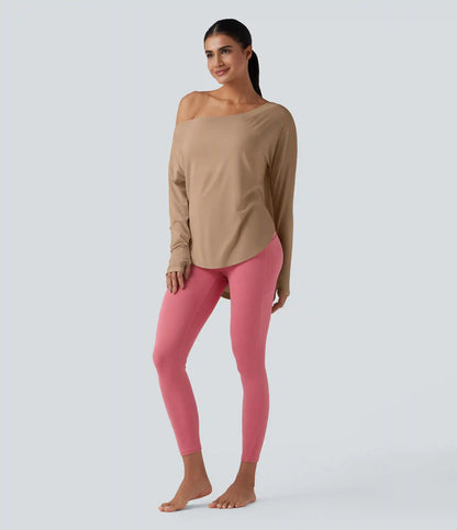 One Shoulder Long Sleeve Thumb Hole Curved Hem High Low Quick Dry Yoga Sports Top-Built-in Bra