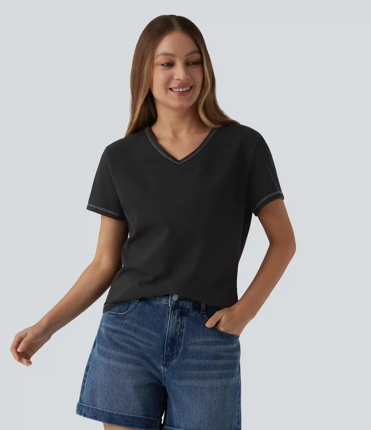 Halara Flex™ V Neck Short Sleeve Denim Casual T-Shirt
