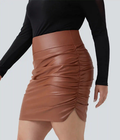 Plus Size High Waisted Tummy Control Ruched Curved Hem 2-in-1 Bodycon Fleece PU Leather Mini Skirt-Longer Length