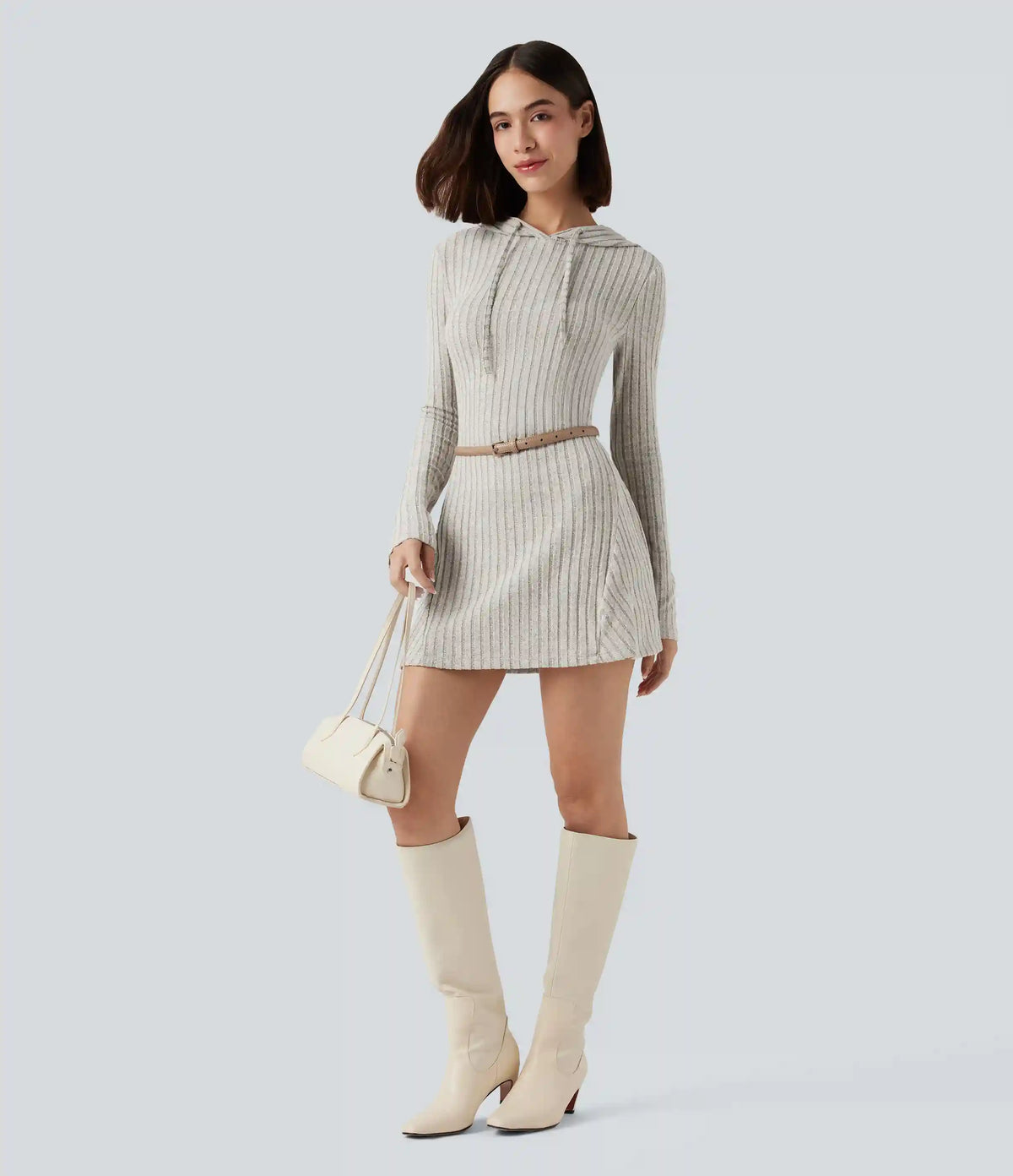 Ribbed Knit Hooded Drawstring Long Sleeve Mini Casual Dress