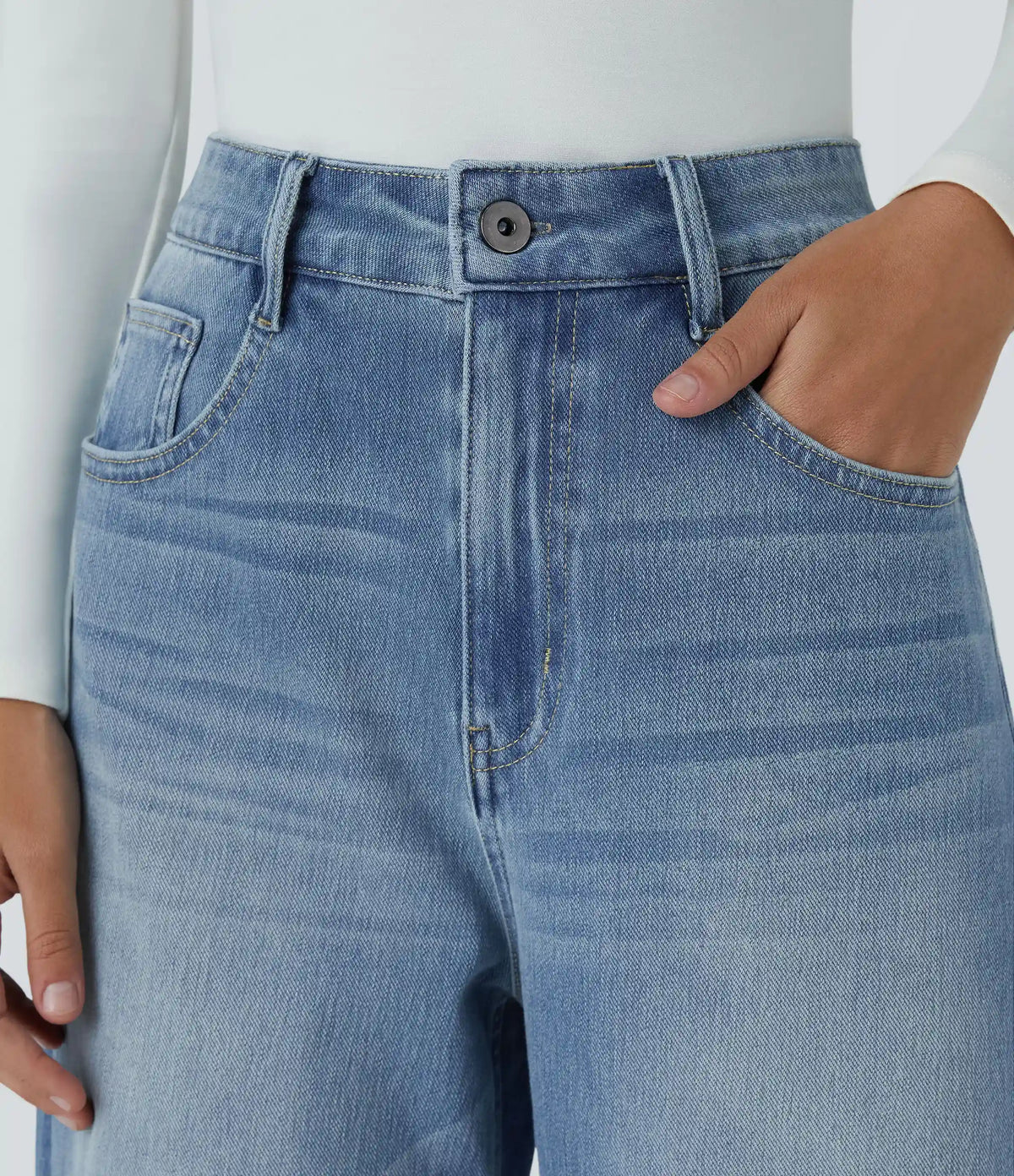 Halara Flex™ High Waisted Pockets Rolled Hem Wide Leg Washed Casual Jeans