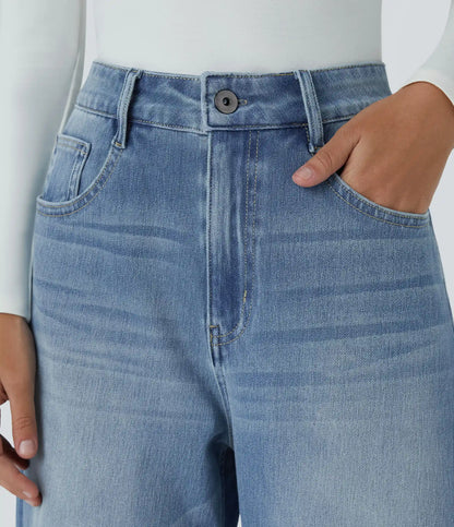 Halara Flex™ High Waisted Pockets Rolled Hem Wide Leg Washed Casual Jeans