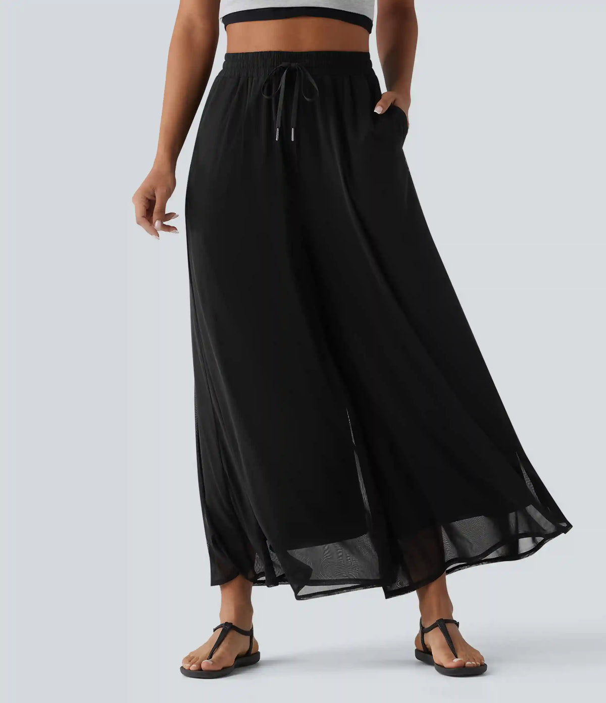High Waisted Drawstring Wide Leg Flowy Mesh Casual Pants with Pockets