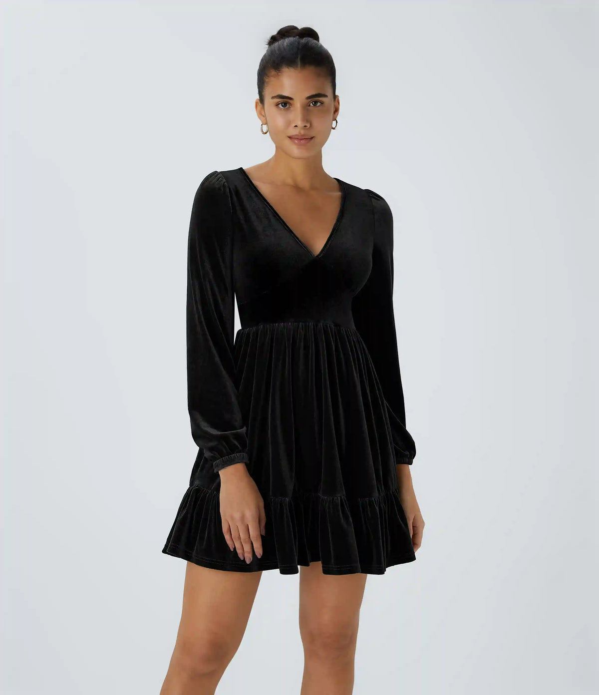 Everyday Deep V Neck Long Sleeve Ruffled Hem Velvet Mini Chill Dress