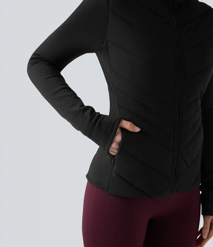 PuffFlex Stand Collar Zipper Long Sleeve Running Quilted Jacket with Pockets