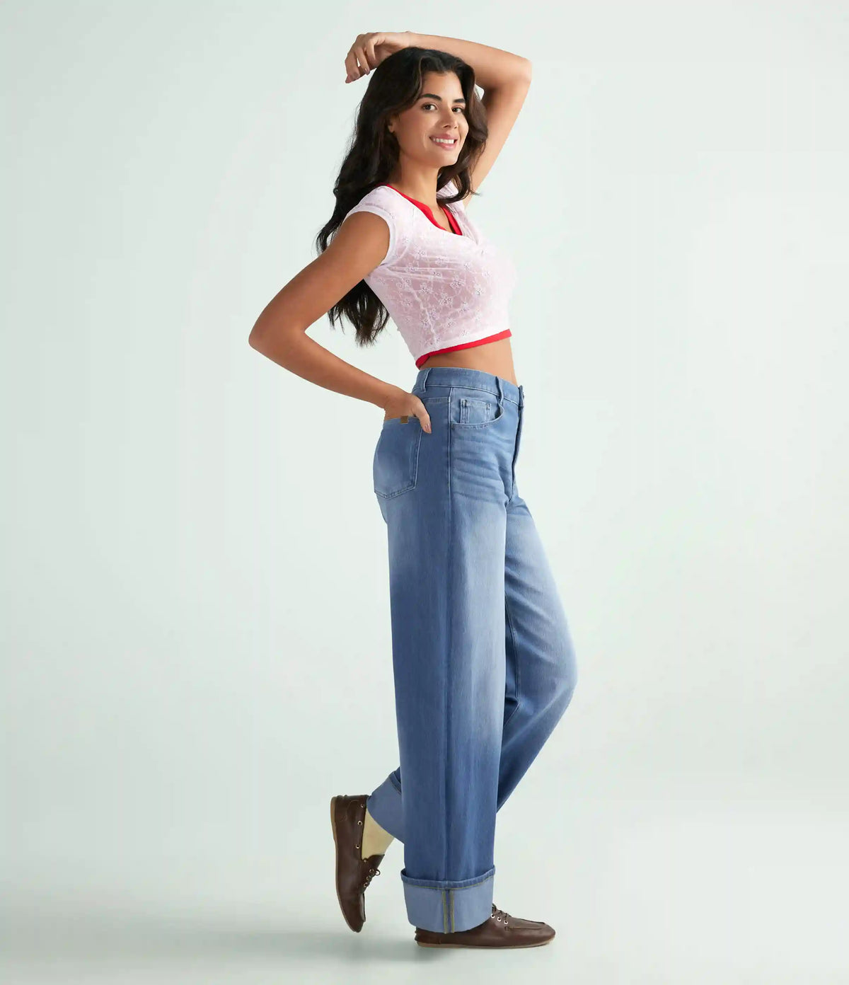 Halara Flex™ High Waisted Pockets Rolled Hem Wide Leg Washed Casual Jeans