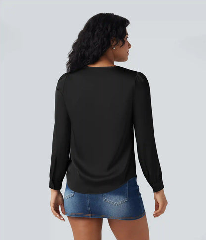 Ruffle Trim V-neck Long Sleeve Casual Satin Shirt