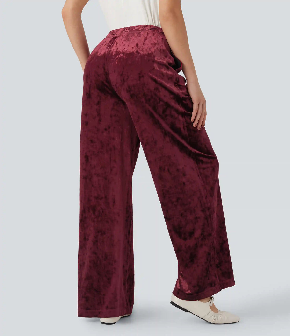High Waisted Drawstring Velvet Casual Wide Leg Pants with Pockets