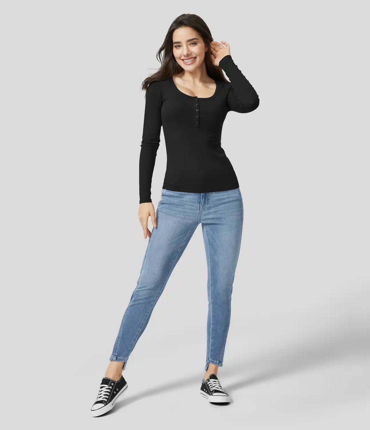 Ribbed Henley Neck Long Sleeve Slim Casual T-Shirt