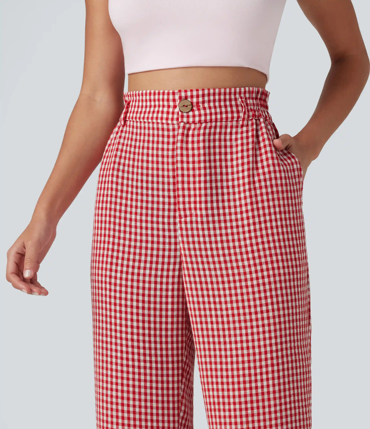 High Waisted Cropped Plaid Casual Linen-Feel Pants with Pockets