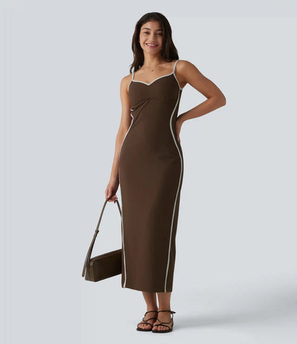 Ribbed Sweetheart Neck Non-Removable Pad Color Block Midi Casual Slip Dress