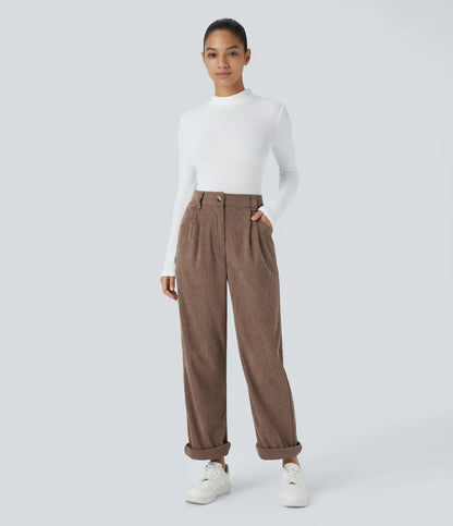 High Waisted Zipper Pocket Corduroy Casual Pants
