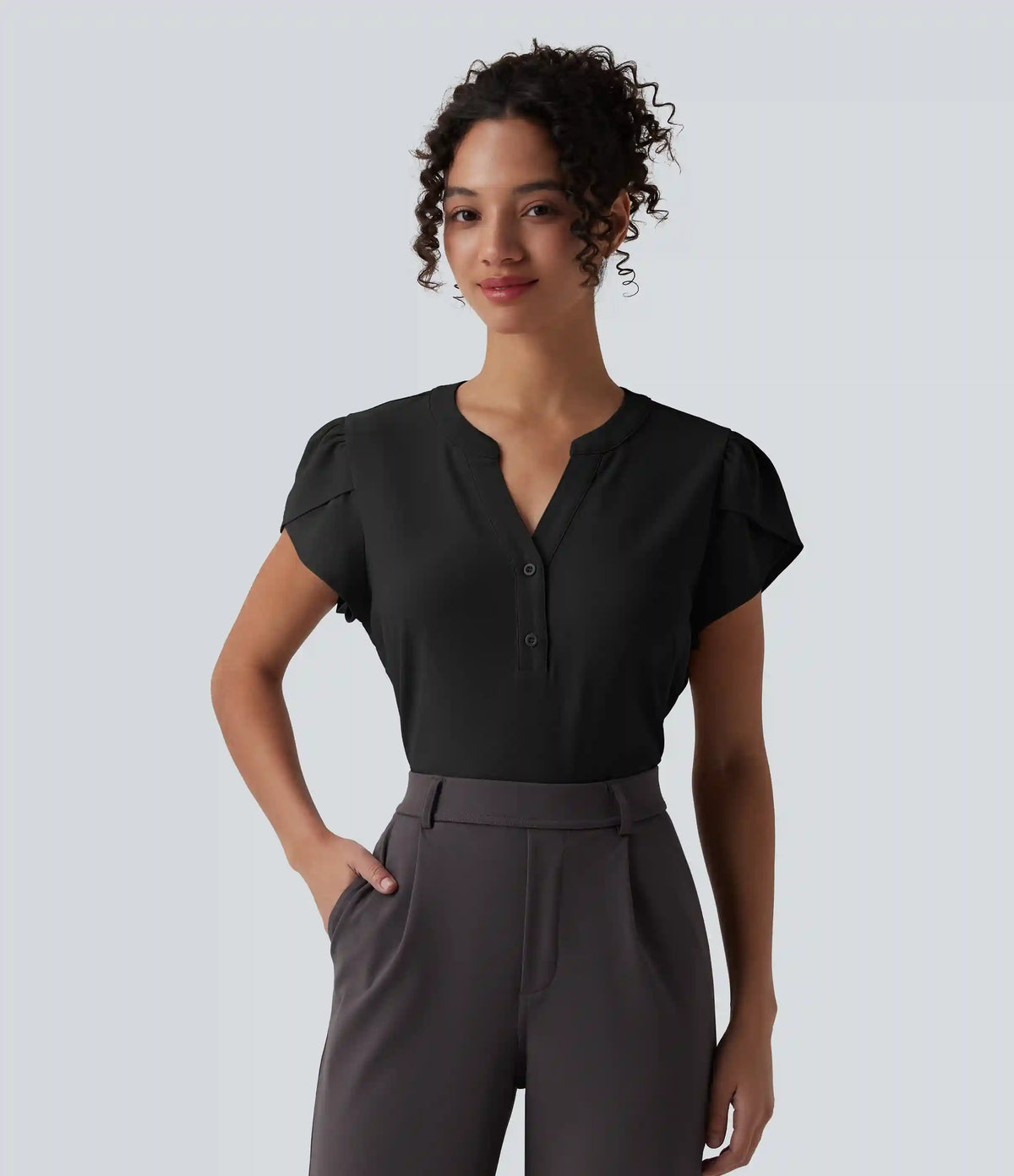 V-neck Petal Short Sleeve Work Blouse