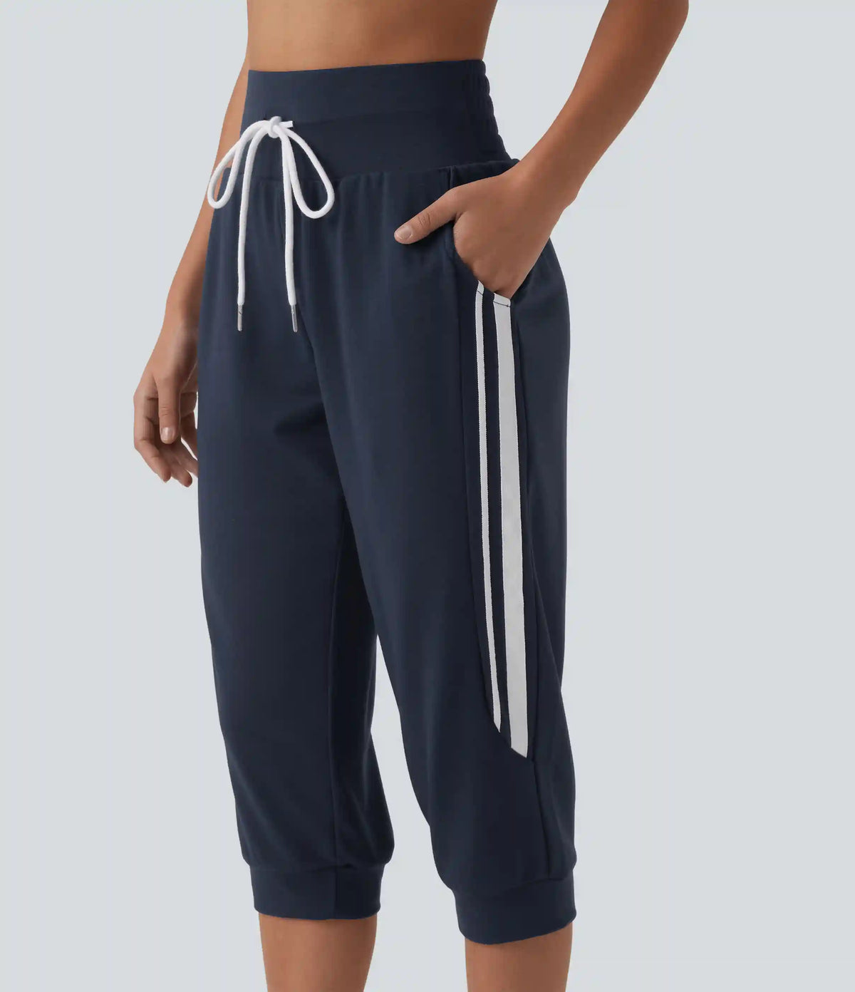 High Waisted Drawstring Stripe Capri Casual Joggers with Pockets