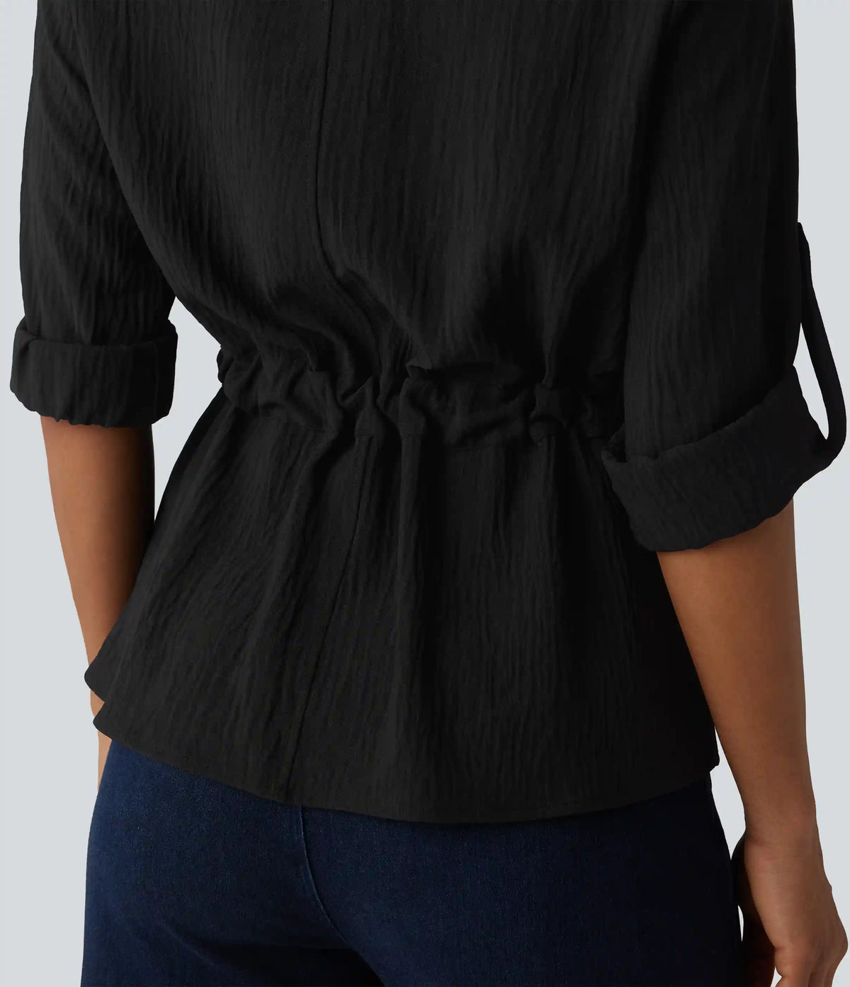 Lapel Roll Up Sleeve Tie Work Linen-Feel Shirt