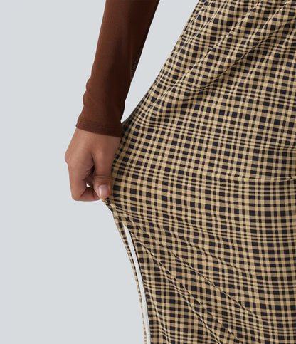 High Waisted Tummy Control Plaid Wide Leg Running Pants with Pockets