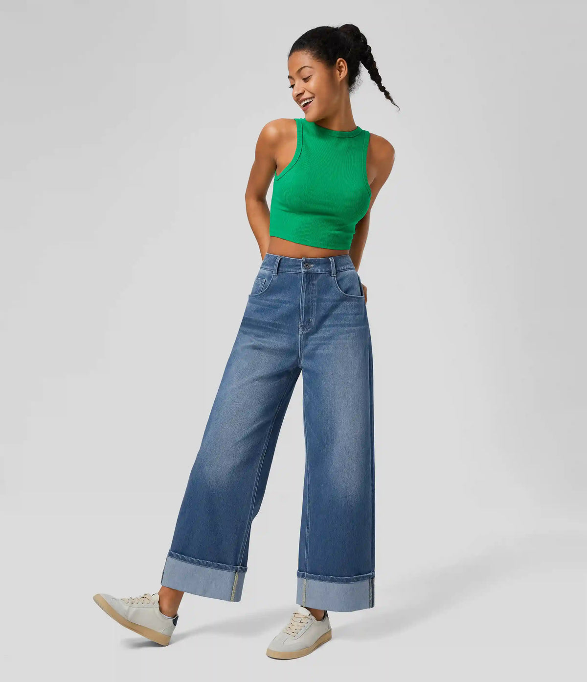 Halara Flex™ High Waisted Pockets Rolled Hem Wide Leg Washed Casual Jeans