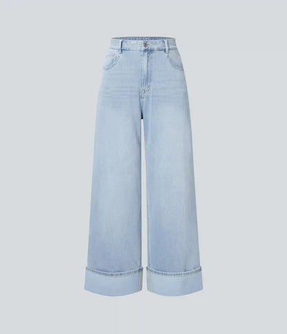 Halara Flex™ High Waisted Pockets Rolled Hem Wide Leg Washed Casual Jeans