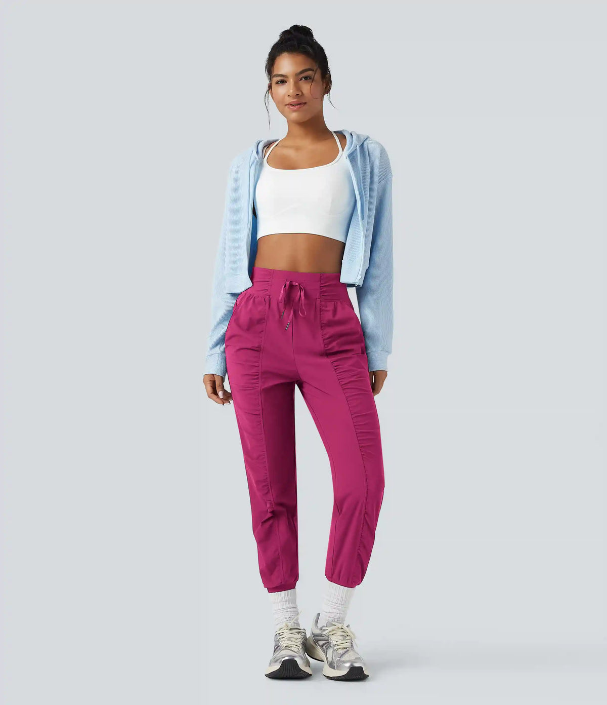 High Waisted Drawstring Ruched Tapered Quick Dry Cool Touch Dance Joggers with Pockets-UPF40+