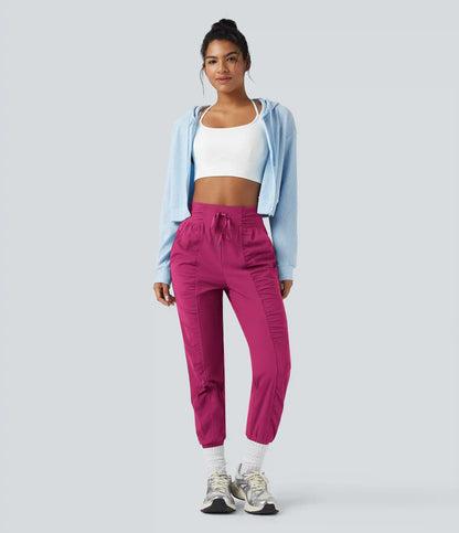 High Waisted Drawstring Ruched Tapered Quick Dry Cool Touch Dance Joggers with Pockets-UPF40+