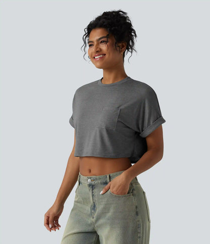 Round Neck Short Sleeve Relaxed Cropped Heathered Casual T-Shirt with Pocket