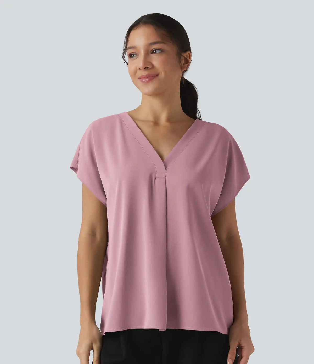 Wrinkle Recovery V-neck Short Sleeve Oversized Work Blouse