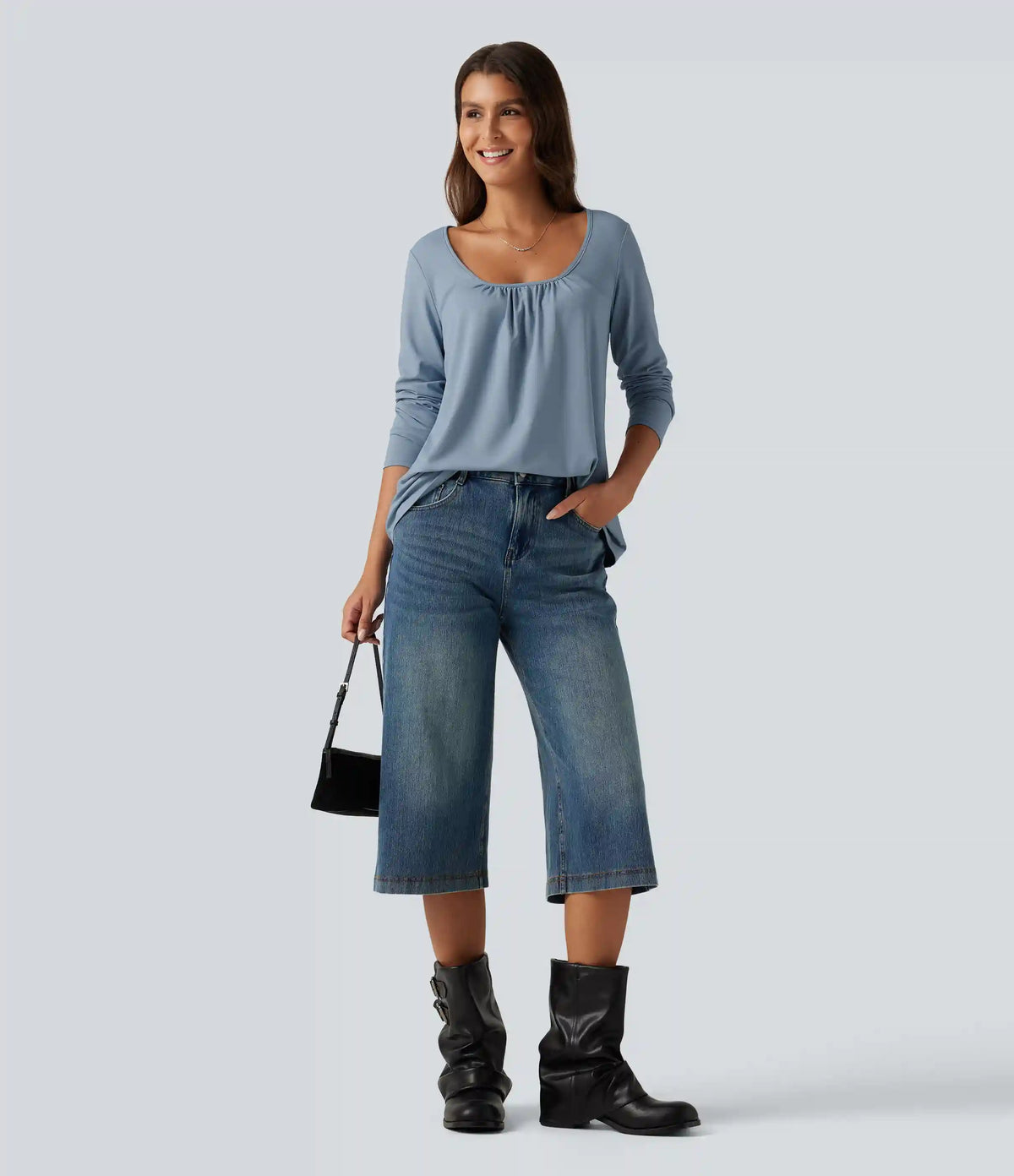 Scoop Neck Long Sleeve Ruched Casual T-Shirt