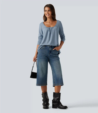 Scoop Neck Long Sleeve Ruched Casual T-Shirt