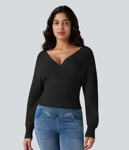 V-neck Batwing Long Sleeve Cut-out Casual Sweater
