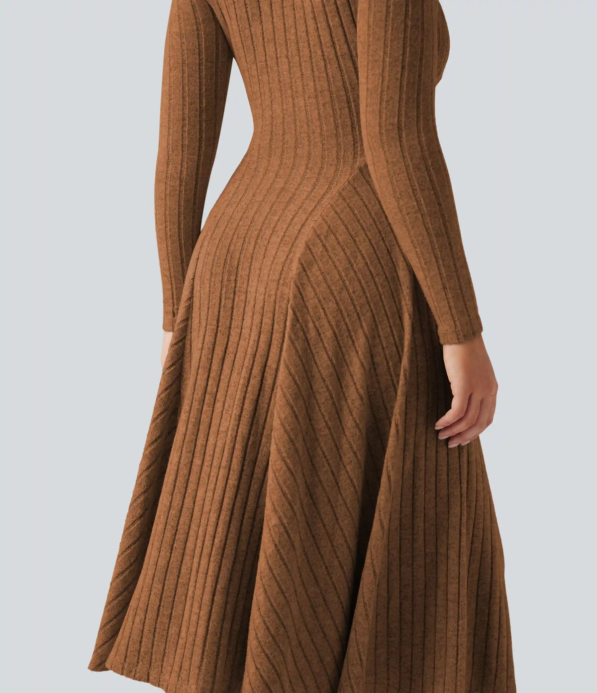 Ribbed Knit V Neck Long Sleeve Flare Midi Casual Dress