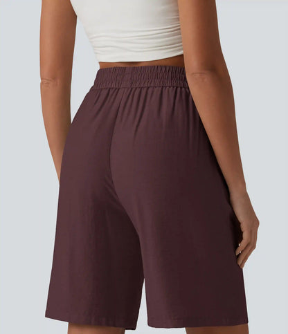 High Waisted Drawstring Casual Linen-Blend Bermuda Shorts 10'' with Pockets