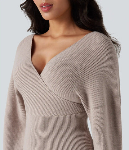 V-neck Batwing Long Sleeve Cut-out Casual Sweater
