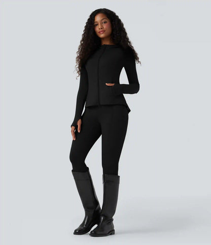 SoftlyZero™ Hooded Long Sleeve Thumb Hole Pleated Jacket with Pockets