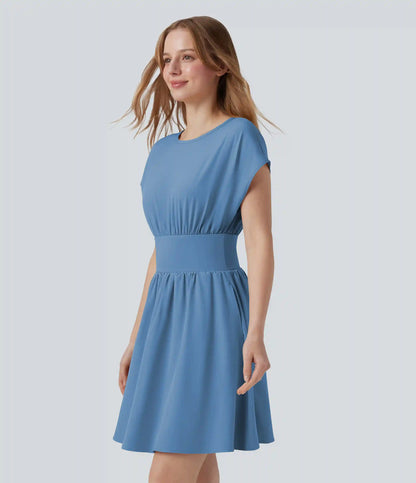 Breezeful™ Batwing Short Sleeve Flowy Quick Dry Mini Work Dress with Pockets
