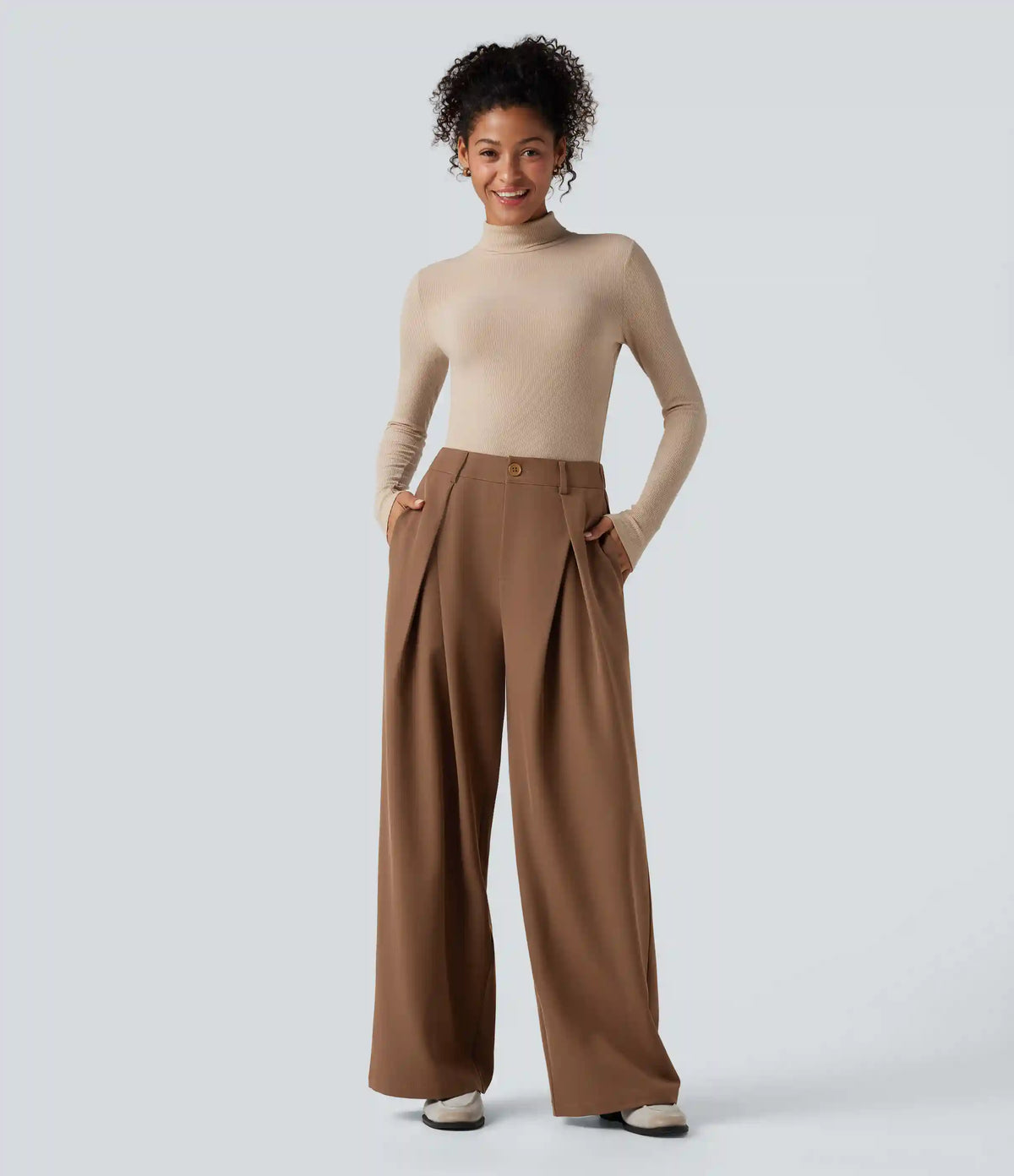 High-waisted Work Wide-leg Pants with Pockets
