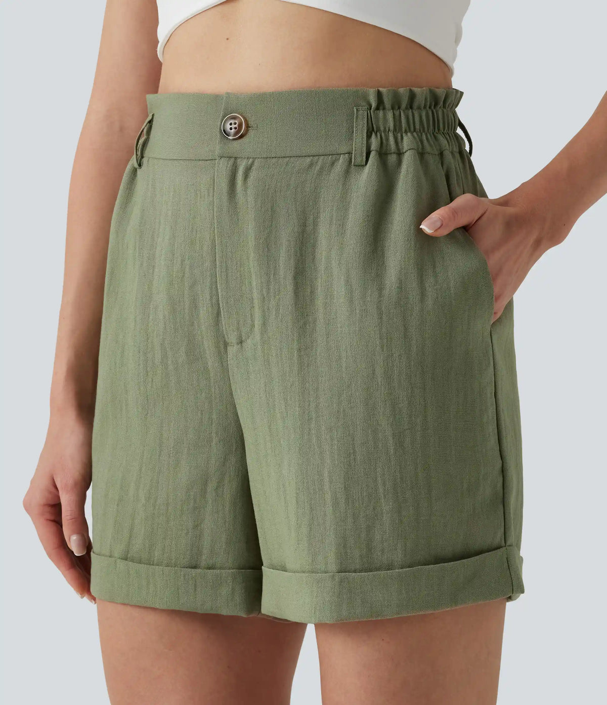 High Waisted Rolled Hem Linen-Feel Resort Shorts 5'' with Pockets