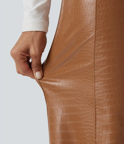 High Waisted Tummy Control Snakeskin Print Stretchy PU Fleece Flare Casual Pants with Pockets
