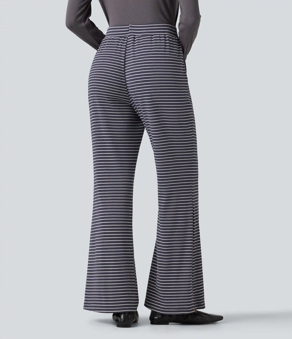 Ribbed Knit Stripes Mid Rise Drawstring Casual Bootcut Pants with Pockets