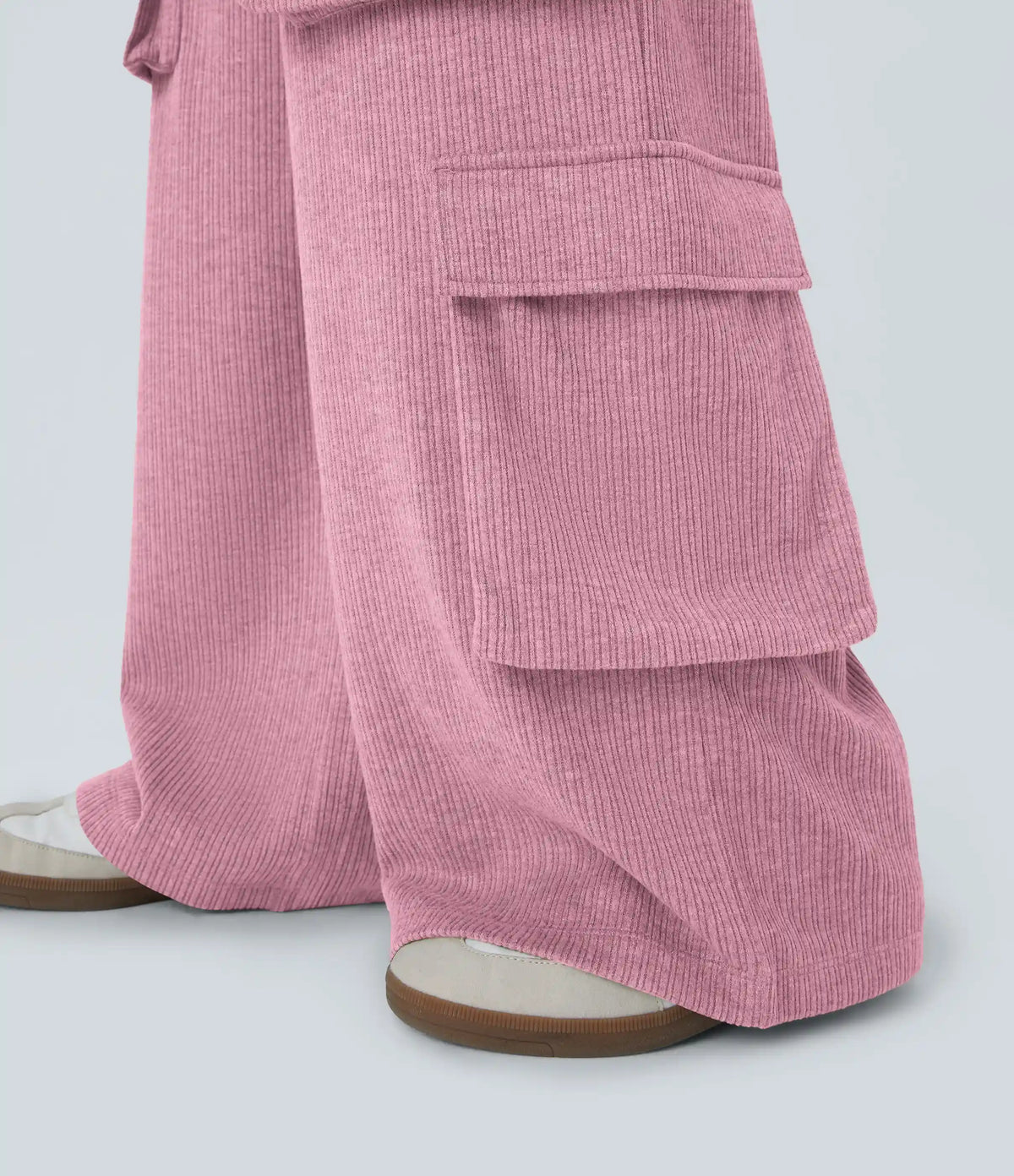 Ribbed Mid Rise Drawstring Pockets Wide Leg Cargo Casual Pants