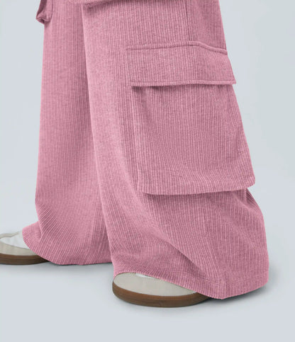 Ribbed Mid Rise Drawstring Pockets Wide Leg Cargo Casual Pants