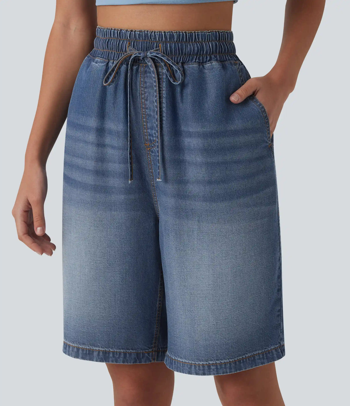 High Waisted Drawstring Denim Casual Bermuda Shorts 9'' with Pockets